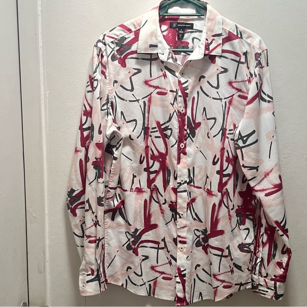 $15 SALE INC Button Down Print Shirt Mens S Long‎ Sleeves Pink Gray Casual - Picture 3 of 10